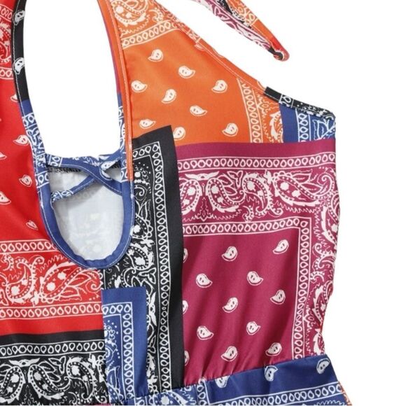 SHEIN SZ M Patchwork Paisley Print Criss Cross Cut Out Halter Romper - Picture 3 of 6